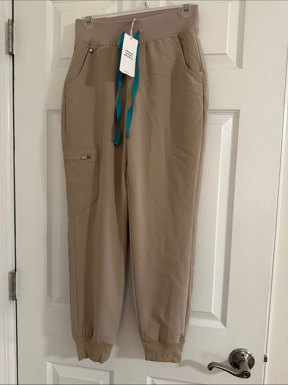 Figs Women’s Taupe Jogger Pants with Teal Drawstrings